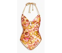 Knotted floral-print halterneck swimsuit - Yellow