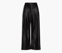 Cropped suede-trimmed leather wide-leg pants - Black