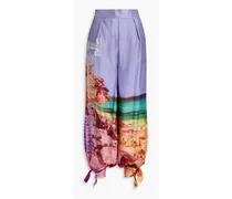 Pleated printed silk-twill tapered pants - Purple