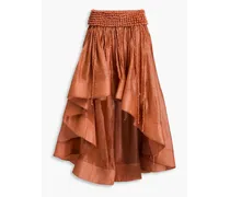 Asymmetric shell-embellished linen and silk-blend maxi skirt - Brown