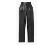 Pleated leather straight-leg pants - Black