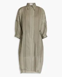 Brunello Cucinelli Bead-embellished striped cotton and silk-blend seersucker midi shirt dress - Neutral Neutral