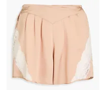 Pleated corded lace-paneled silk-satin shorts - Neutral