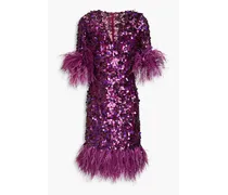 Feather-trimmed sequined tulle dress - Purple