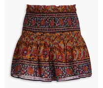 Shirred floral-print cotton shorts - Brown