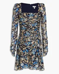 Monique Lhuillier Ruched floral-print metallic fil coupé mini dress - Blue Blue