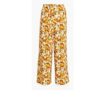 Shirred floral-print linen-blend wide-leg pants - Orange
