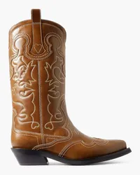 Ganni Embroidered leather cowboy boots - Brown Brown