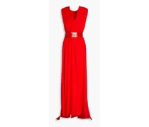 Belted gathered silk crepe de chine gown - Red