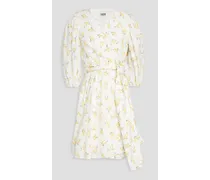 Pleated floral-print slub woven mini dress - White