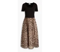 Tulipe cotton-jersey paneled leopard-print cotton-mousseline midi dress - Black