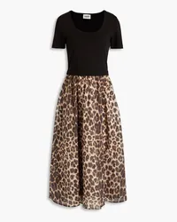 Claudie Pierlot Cotton-jersey paneled leopard-print cotton-mousseline midi dress - Black Black