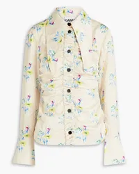 Ganni Floral-print ruched crinkled-satin shirt - White White