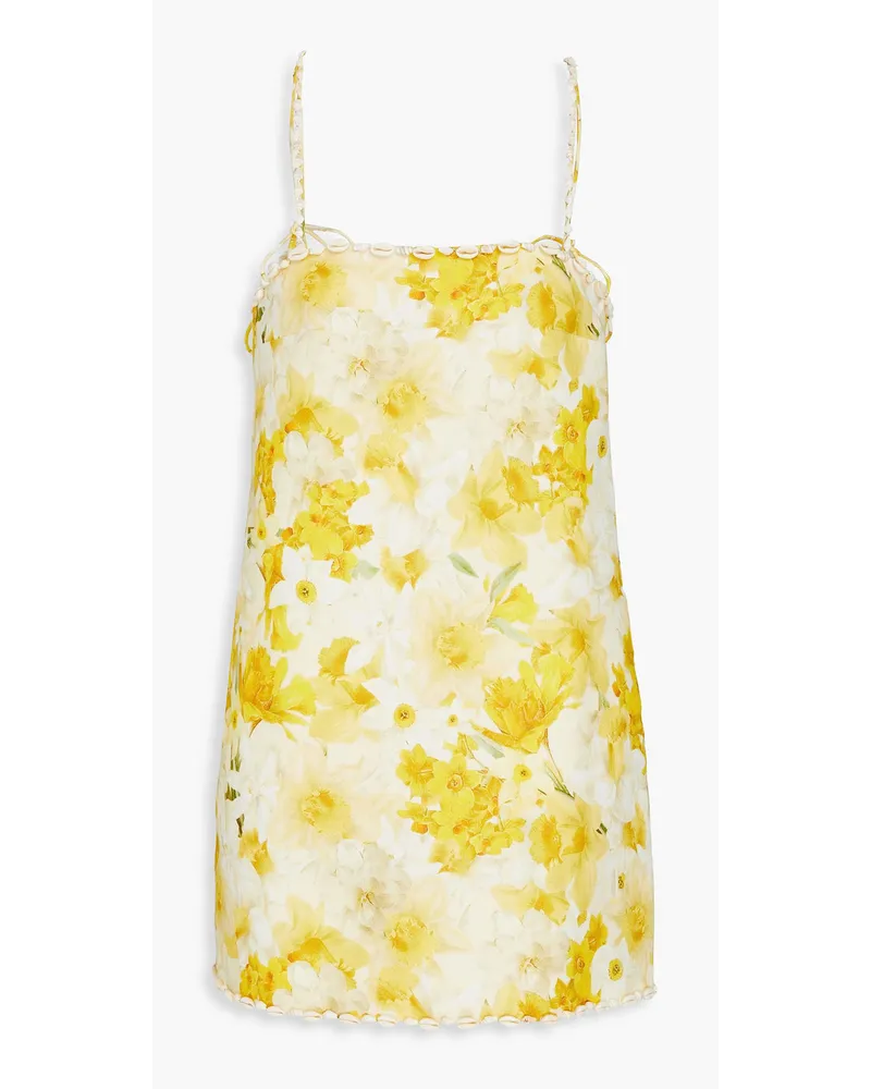 Zimmermann Shell-embellished floral-print linen mini dress - Yellow Yellow