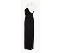 Evana one-shoulder floral-appliquéd shantung gown - Black