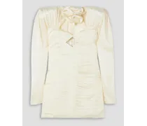Cutout embellished ruched silk-satin mini dress - White