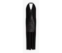 Asymmetric sequined mesh and jersey halterneck dress - Black