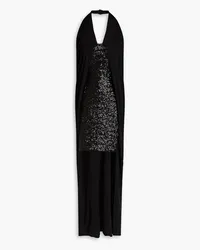 Balmain Asymmetric sequined mesh and jersey halterneck dress - Black Black