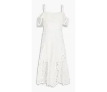 Cold-shoulder ruffled guipure lace midi dress - White