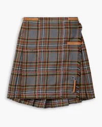 Lafayette148 Embellished leather-trimmed pleated checked wool mini skirt - Brown Brown