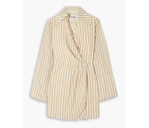 Esma cutout striped cotton and linen-blend mini wrap dress - Brown