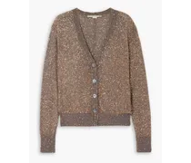 Tie-detailed sequined metallic knitted cardigan - Neutral