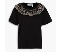 Broderie anglaise-trimmed cotton-jersey T-shirt - Black