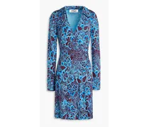 Floral-print Lyocell and wool-blend jersey mini wrap dress - Blue