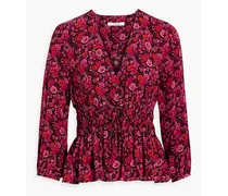 Gathered floral-print crepe de chine top - Red