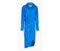 Wrap-effect gathered silk-satin midi shirt dress - Blue