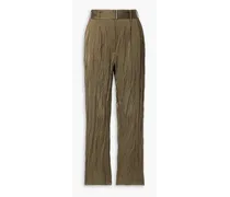 Belted crinkled-satin straight-leg pants - Green