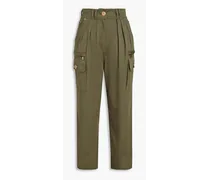 Cropped pleated cotton-blend twill cargo pants - Green