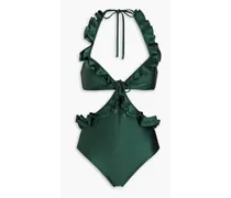 Ruffled cutout halterneck swimsuit - Green
