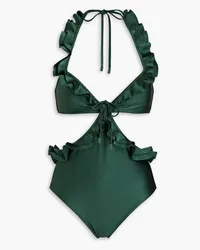 Zimmermann Ruffled cutout halterneck swimsuit - Green Green