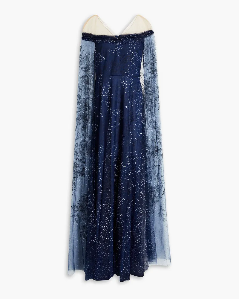 Cape-effect glittered tulle gown - Blue