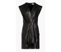 Wrap-effect pleated leather mini dress - Black