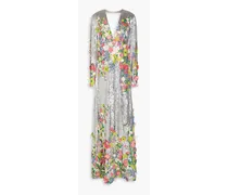 Open-back floral-appliquéd tulle gown - Metallic