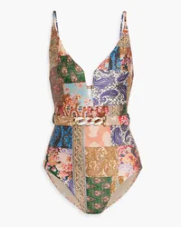 Zimmermann Devi chain-embellished belted paisley-print swimsuit - Pink Pink