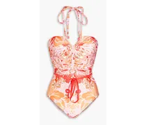 Ruched paisley-print halterneck swimsuit - Pink
