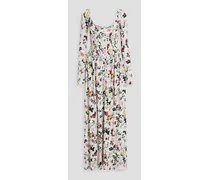 Pintucked floral-print stretch-jersey maxi dress - White