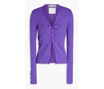 Leather-trimmed ribbed wool cardigan - Purple