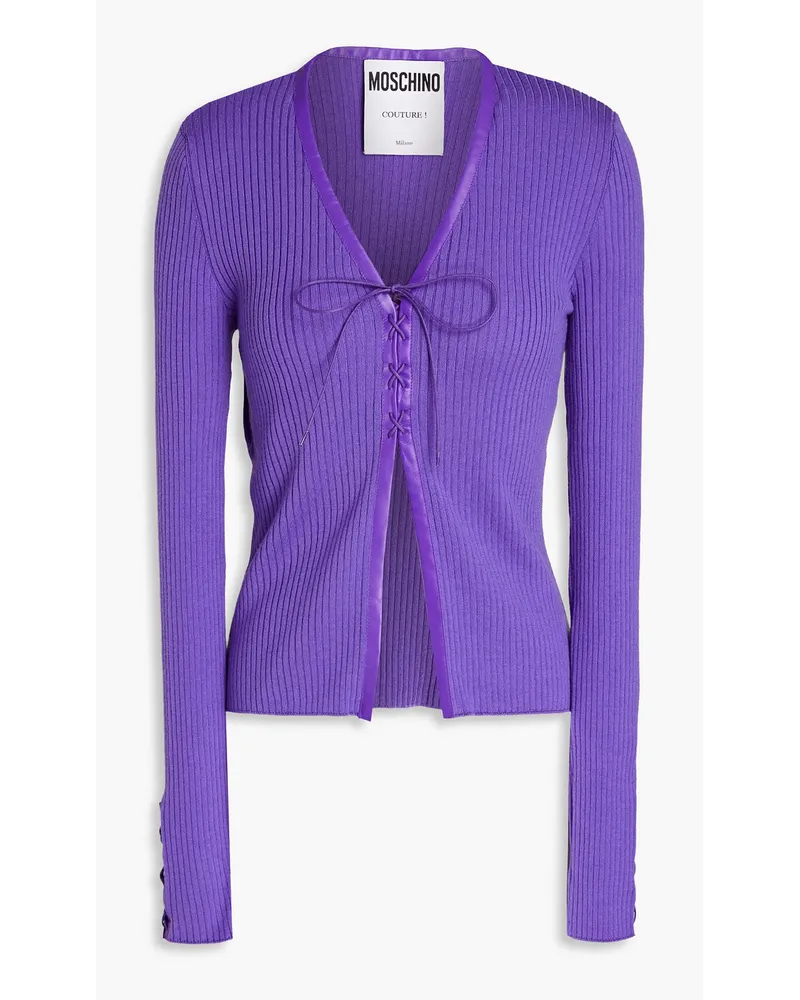 Moschino Leather-trimmed ribbed wool cardigan - Purple Purple