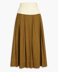 Tory Burch Two-tone pleated cotton-twill midi skirt - Brown Brown