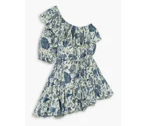 Ozzie one-sleeve belted printed cotton-poplin mini dress - Blue