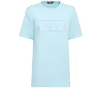 Versace T-shirt in jersey di cotone con logo Celeste
