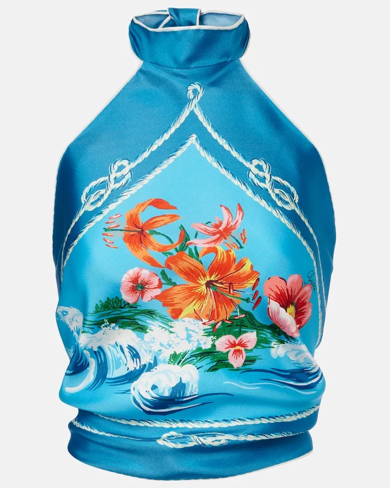 Gucci Top cropped in twill di seta con stampa Blu
