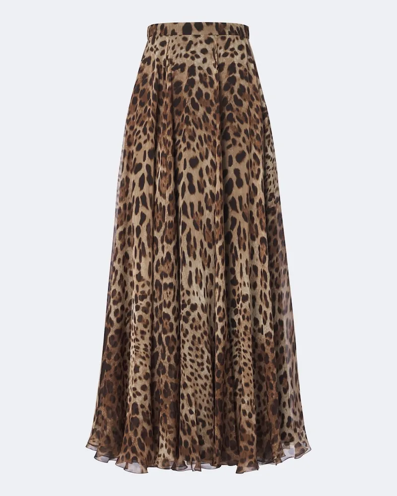 Dolce & Gabbana Gonna lunga in chiffon di seta con stampa Marrone
