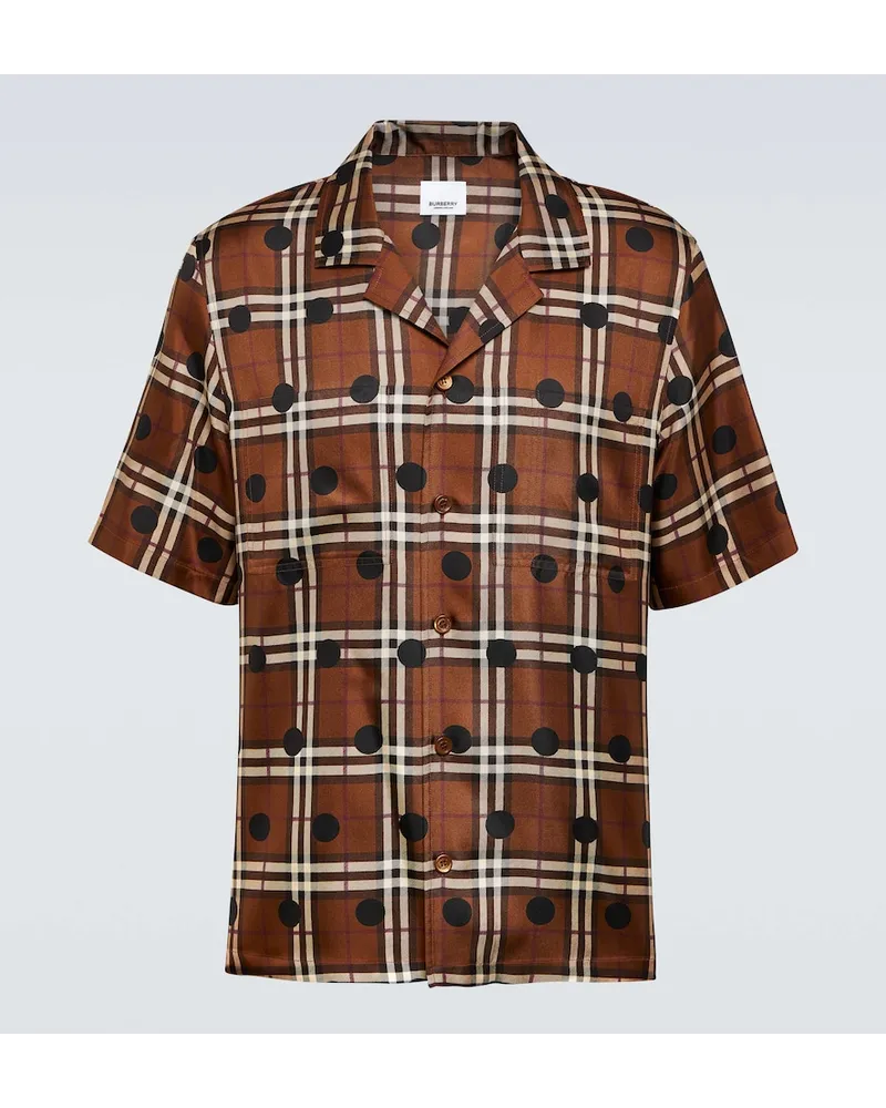 Burberry Camicia in twill di seta a quadri e pois Marrone