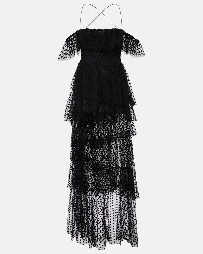 Alexandra Miro Abito lungo Carmen in tulle a balze Nero