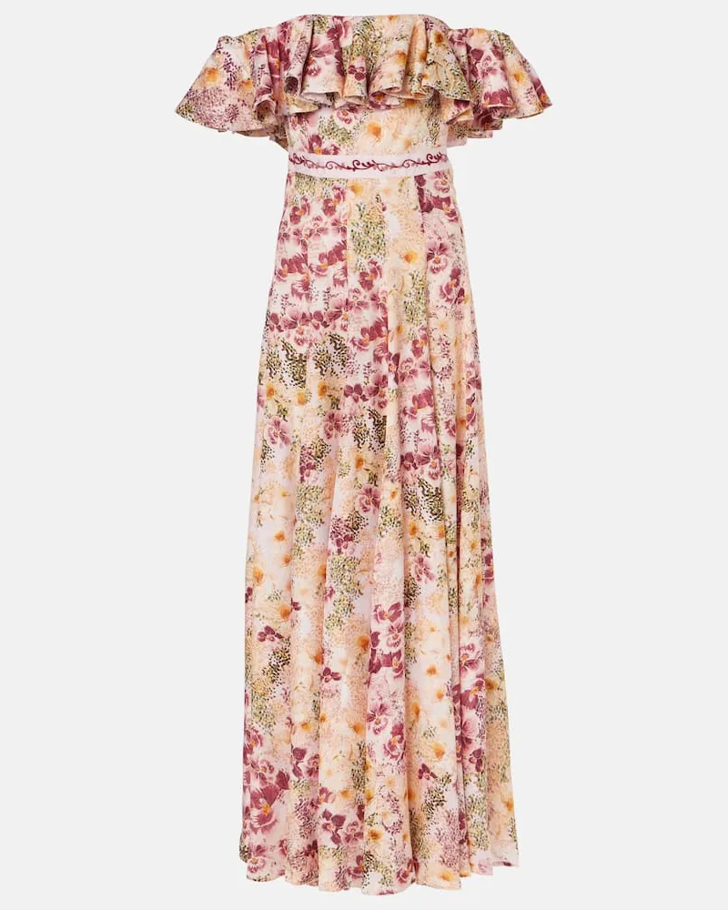 AGUA BENDITA Abito lungo con stampa e scollo bardot Multicolore